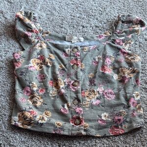 Rewind Floral Button-Up Crop Top - Pink and Cream on Green